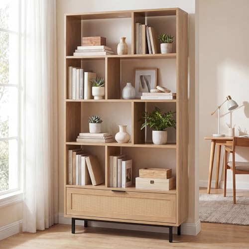 64" Tall Bookshelf with Rattan Drawer, 6-Tier Wood Bookcase with 8 Open Storage Cubes, Metal Legs, Freestanding Display Storage Organizer for Living Room, Home Office, Kitchen (Natural)