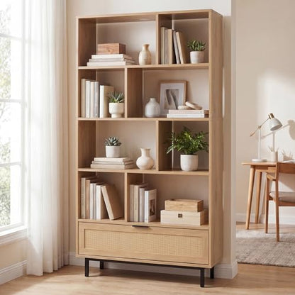 64" Tall Bookshelf with Rattan Drawer, 6-Tier Wood Bookcase with 8 Open Storage Cubes, Metal Legs, Freestanding Display Storage Organizer for Living Room, Home Office, Kitchen (Natural)
