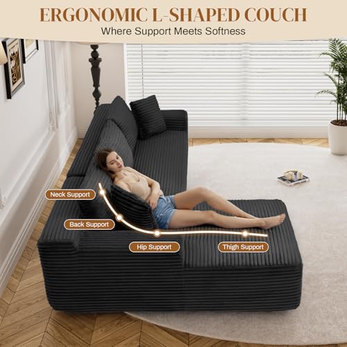 95" L Shaped Boneless Sectional Couches, Wide Armrest, Deep Seat, Memory Foam, Assembly Free, Modern Comfy Corduroy Fluffy Cloud Sofa with Right Chaise for Living Room, Small Spaces, Black
