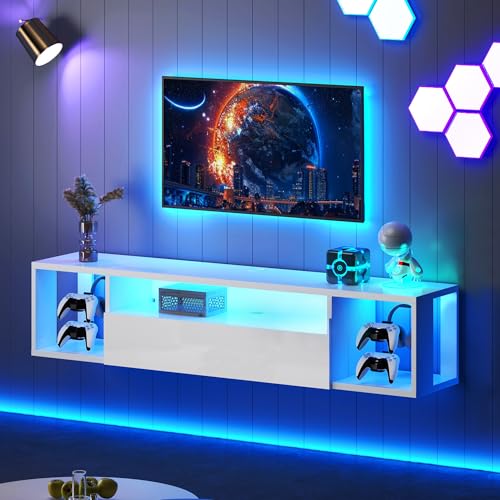 55.1" W Floating TV Stand with LED, Wooden Entertainment Center, view 2