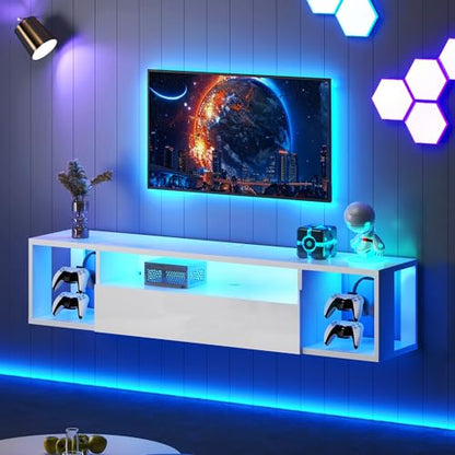 55.1" W Floating TV Stand with LED, Wooden Entertainment Center, view 2