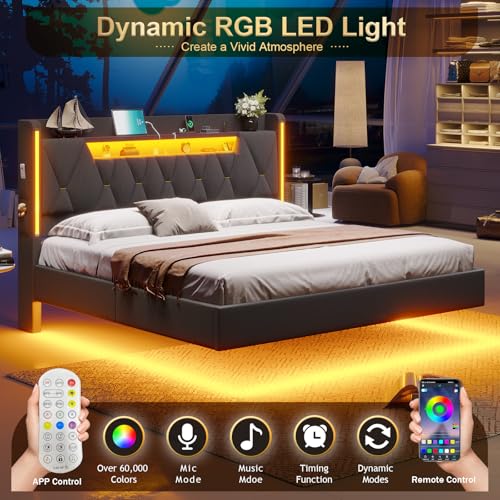 Floating Bed Frame King with Storage Headboard, King Size Bed Frame, Gray, view 5