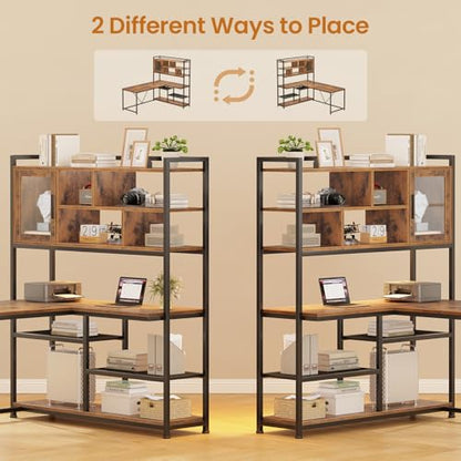 L Shaped Computer Desk with Storage Shelves, Bookshelf, Rustic Brown, view 6