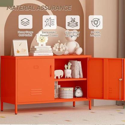 25.2" H Metal Locker Storage Cabinet with 2 Locks, Steel Low Lockerable Orange TV Stand with Adjustable Shelves, 2 Door Metal Accent Buffet Cabinet for Bathroom Kitchen Living Room Office