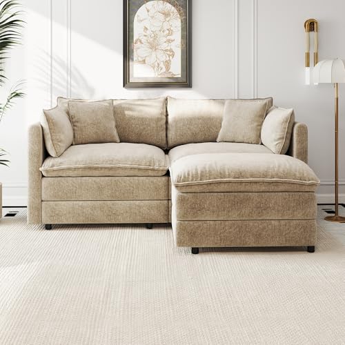 Modular Sectional Sofa Modern Convertible Loveseat Couch,77.16 Inch Deep 2-Seater Sofas Comfy Chenille Cloud Sofas and Couches Set with Movable Ottoman for Living Room Apartment（Camel）