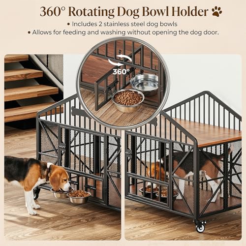 41.5" Foldable Dog Crate Furniture with 5 Wheels & Adjustable Bowls, view 5