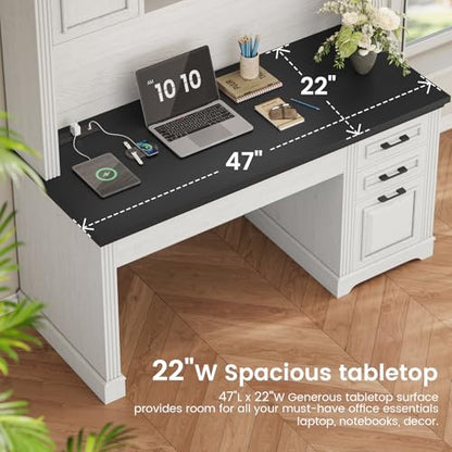 47.2" Farmhouse Computer Desk with Hutch and 3 Drawers, White, view 5