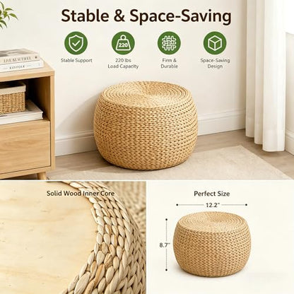 Small Straw Round Pouf Ottoman, Natural Mini Solid Wood Footrest, Boho Low Tatami Footstool for Living Room Bedroom Patio, 12.2"×12.2"×8.7", Ideal for Foot Rest
