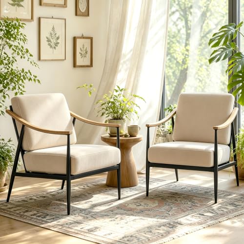 Modern Accent Chairs Set of 2 for Living Room Bedroom Mid Century Arm Chairs Upholstered Office Accent Chairs Comfy Waiting Room Chairs with Metal Frame, Beige