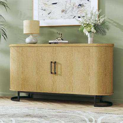 54.3" Buffet Cabinet with Storage, Fluted Sideboard with Tambour Doors, Modern Kitchen Storage Cabinet with Adjustable Shelves for Living Room, Entryway, Oak