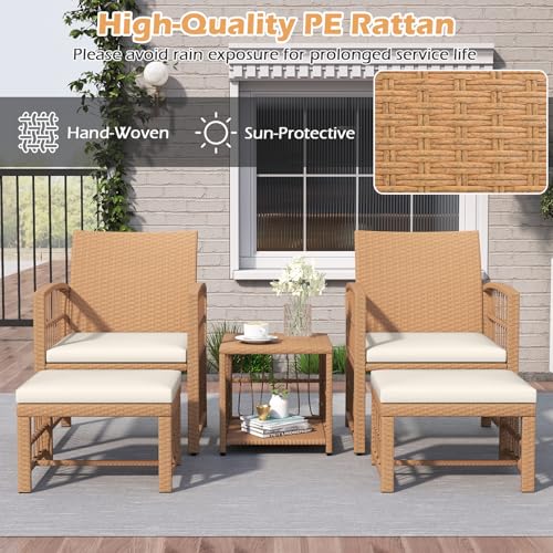 5 Pieces Patio Wicker Conversation Set, Outdoor Furniture Set with 2 Armchairs, 2 Ottomans & 2-Tier Side Table, Outside Rattan Cushioned Sofa Set for Deck, Backyard, Porch or Poolside