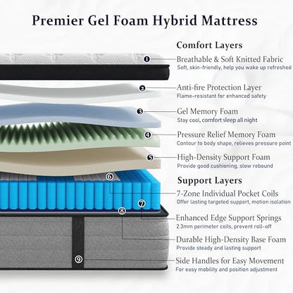 Firm King Mattress 12 Inch, Luxury Hotel Level King Size Mattress in a Box with Gel Memory Foam & Individual Pocket Springs, Upgraded Strong Edge Support, Fiberglass-Free