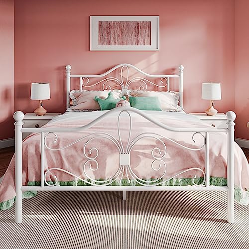 Full Size Metal Bed Frame with Butterfly Headboard, White, view 2
