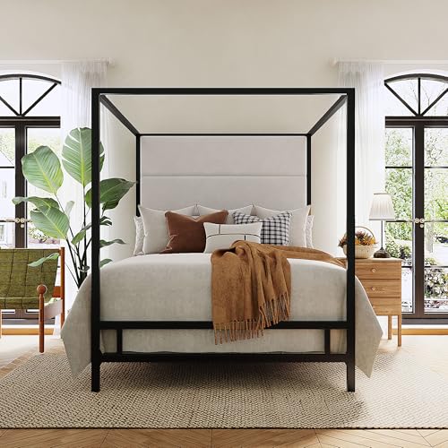 Queen Size Black Metal Canopy Bed Frame, 76.5" Tall Velvet Upholstered Headboard, view 4