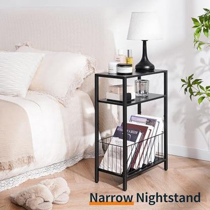 Narrow Side Table with Storage Basket, Small End Table for Small Spaces, Skinny Side Tables Living Room Bedroom Office, Slim Nightstand 3 Tier Bedside Table Space-Saving for Magazine, Black
