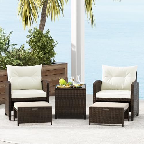 5 Pieces Patio Conversation Set, PE Wicker Outdoor Furniture Set with 2 Chairs, 2 Ottomans & Tempered Glass Coffee Table, Ideal for Poolside, Backyard, Lawn, Deck, Mix Brown & Off White