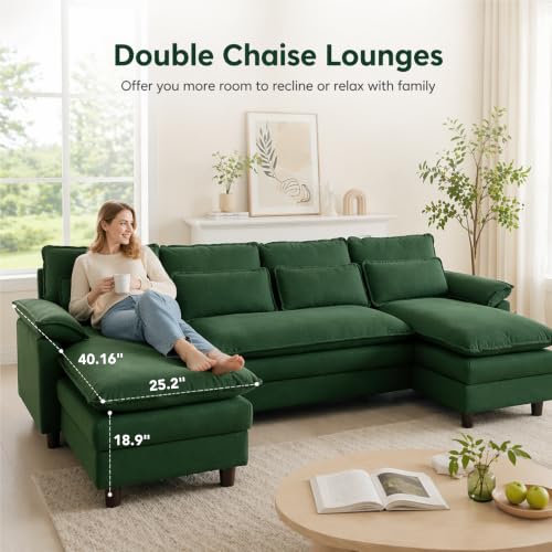 105" Convertible Sectional Sofa, U Shape Cloud Couch, Comfy Couches with Double Chaise and Sleepable Armrests, 4 Seats Sectional Couches for Living Room, Green