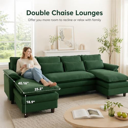 105" Convertible Sectional Sofa, U Shape Cloud Couch, Comfy Couches with Double Chaise and Sleepable Armrests, 4 Seats Sectional Couches for Living Room, Green