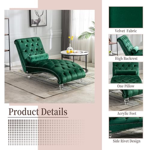 Chaise Lounge Chair Indoor Emerald Velvet Upholstered Button Tufted Chaise, view 4