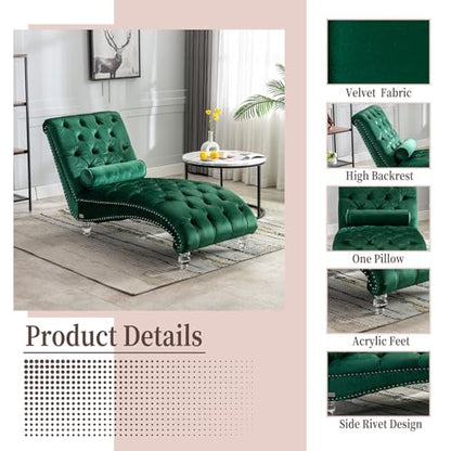 Chaise Lounge Chair Indoor Emerald Velvet Upholstered Button Tufted Chaise, view 4