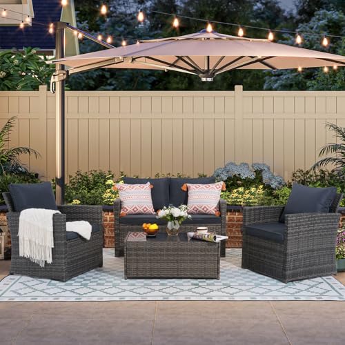 4 Piece Outdoor Patio Furniture Set, All-Weather Wicker Patio Conversation Set, PE Rattan Sofa Set with Loveseat Chair and Tempered Glass Coffee Table, Dark Gray