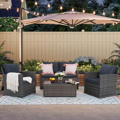 4 Piece Outdoor Patio Furniture Set, All-Weather Wicker Patio Conversation Set, PE Rattan Sofa Set with Loveseat Chair and Tempered Glass Coffee Table, Dark Gray
