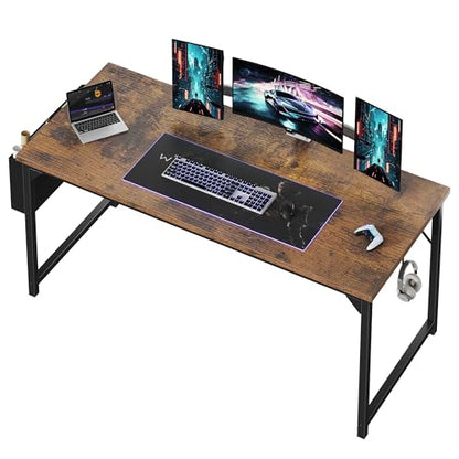 Computer Desk 63 Inch Home Office Desks for Small Spaces, Gaming Writing Study Work Table with Storage Bag and Headphone Hook for Bedroom, Rustic Brown