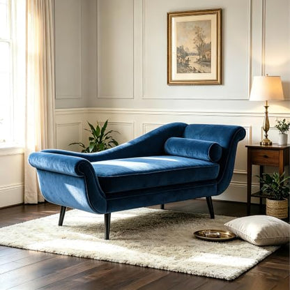 68" Blue Velvet Chaise Lounge Chair, Vintage Scroll Arm & Wave Back Sofa, view 2