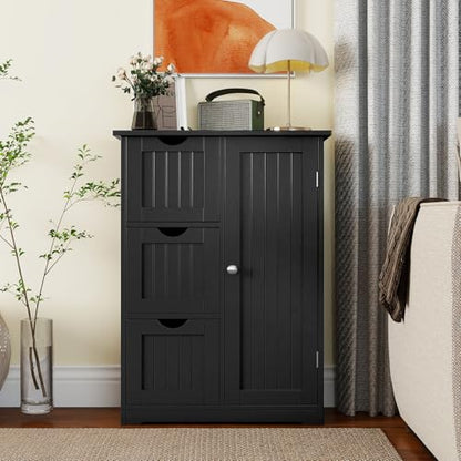 Bathroom Floor Cabinet, Wooden Storage Cabinet with 1 Door & 3 Drawer, Free Standing Entryway Cupboard, Space Saver Cabinet