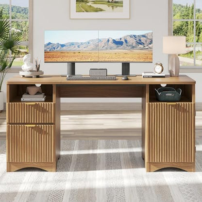 59 inch Office Desk with 2 Drawer, Computer Desk with File Cabinet & 2 Open Storage, Modern Fluted Wood Desk for Home Office Bedroom Study, Natual Oak