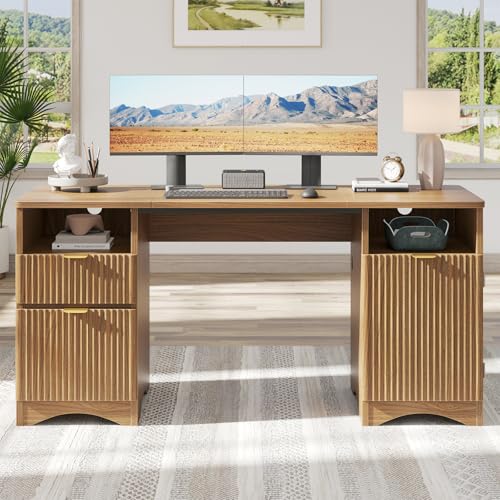 59 inch Office Desk with 2 Drawer, Computer Desk with File Cabinet & 2 Open Storage, Modern Fluted Wood Desk for Home Office Bedroom Study, Natual Oak