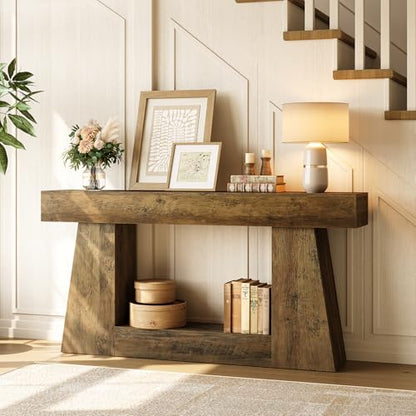 63" Farmhouse Console Table with Storage, Rustic Sofa Table for Entryway, Narrow Long Sofa Table Behind Couch, Console Table for Living Room, Hallway—Versatile Storage Solution, Oak