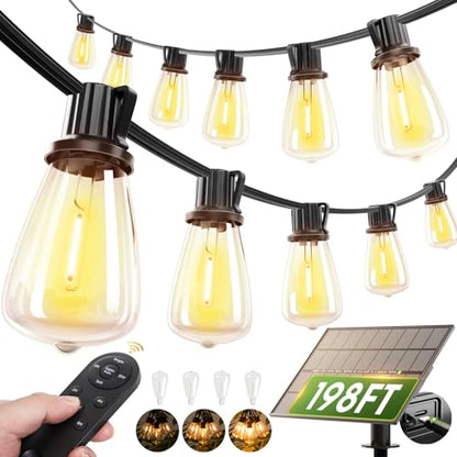 198FT Extra Long Solar Powered String Lights Outdoor Waterproof, Shatterproof 60+4 LED Bulbs, Patio Hanging Lights with Remote, Dimmable Timer for Large Backyard Garden Wedding Party Camping