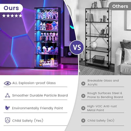 Glass Display Cabinet with Doors and RGB LED Lights | 69" Tall Curio Cabinet, 5-Tier Wooden Shelves, Lockable Display Case, Motion Sensor, for Collectibles, Living Room, Black
