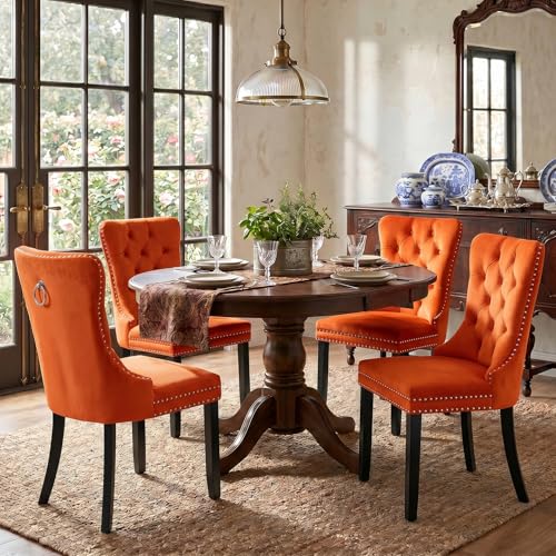 Velvet Dining Chairs Set of 4, Tall Back Side Chair, Modern Upholstered High-end Tufted Side Chair with Button Back Ring, Solid Wood Legs (Orange)