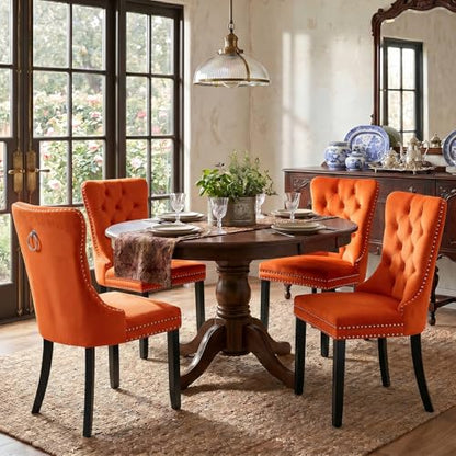 Velvet Dining Chairs Set of 4, Tall Back Side Chair, Modern Upholstered High-end Tufted Side Chair with Button Back Ring, Solid Wood Legs (Orange)