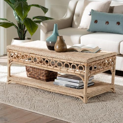 Oxford Natural Rattan Furniture with Braided Edges and emblished Decorative Ring Design, Coffee Table