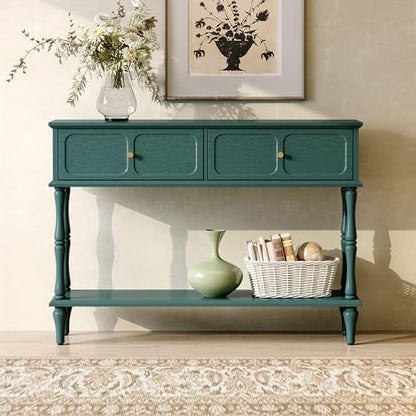 Mid-Century Console Table for Entryway with 2 Drawers, Green Entryway Table with Storage Cabinets and Open Shelf, Narrow Long Couch Table Behind Sofa for Living Room, Foyer, Hallway