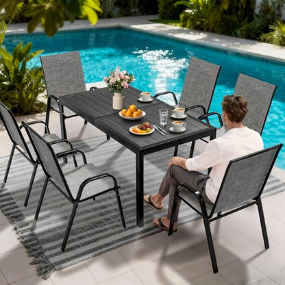 Outdoor Dining Sets for 6, Rectangular Steel Slat Table with 6 Textilene Chairs, 7 Piece Patio Table and Chairs Set with Umbrella Hole for Patio, Garden, Backyard and Poolside (Grey)