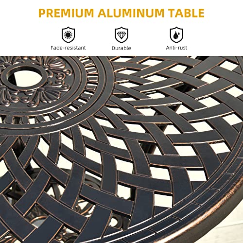 30 Inches Round Patio Dining Table with Umbrella Hole, Antique Cast Aluminum Outdoor Bistro Table Outdoor Side Table for Backyard, Garden, Patio, Porch, Hammered Bronze