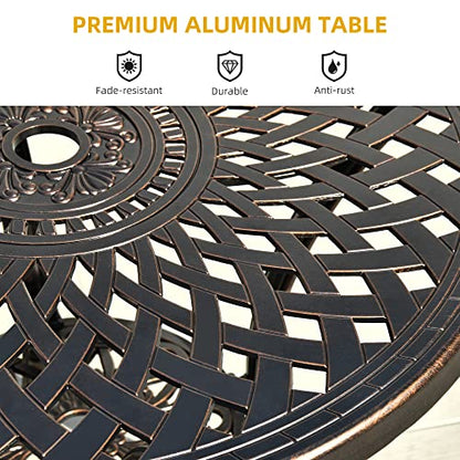 30 Inches Round Patio Dining Table with Umbrella Hole, Antique Cast Aluminum Outdoor Bistro Table Outdoor Side Table for Backyard, Garden, Patio, Porch, Hammered Bronze