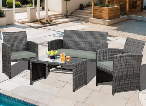 4 Piece Outdoor Patio Furniture Set, Outdoor Wicker Rattan Chairs Conversation Sets with Cushions & Coffee Table for Outside, Garden, Balcony, Porch, Grey