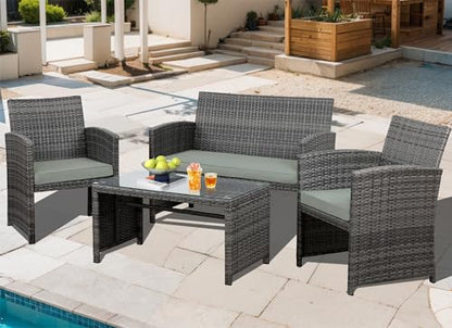 4 Piece Outdoor Patio Furniture Set, Outdoor Wicker Rattan Chairs Conversation Sets with Cushions & Coffee Table for Outside, Garden, Balcony, Porch, Grey