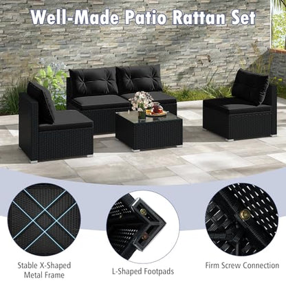 5 Piece Rattan Sofa Set, Outdoor Wicker Furniture Set w/Seat & Back Cushions, Square Coffee Table, Patio Sectional Sofa Set for Backyard, Poolside, Garden (Black)