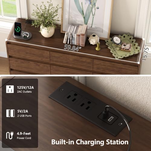 Walnut Fluted 9-Drawer Dresser for Bedroom w/Power Outlet, view 5