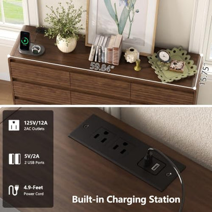 Walnut Fluted 9-Drawer Dresser for Bedroom w/Power Outlet, view 5