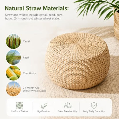 Small Straw Round Pouf Ottoman, Natural Mini Solid Wood Footrest, Boho Low Tatami Footstool for Living Room Bedroom Patio, 12.2"×12.2"×8.7", Ideal for Foot Rest