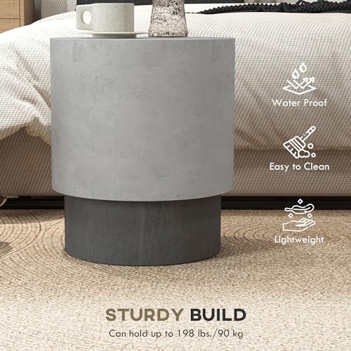Concrete Finish End Table, Round Side Table with 4 Adjustable Feet, Lightweight for Indoor, Outdoor, Gray