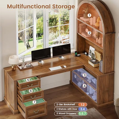 67" L Shaped Desk with Tall Arched Bookshelf & 3 Drawers Storage, view 7