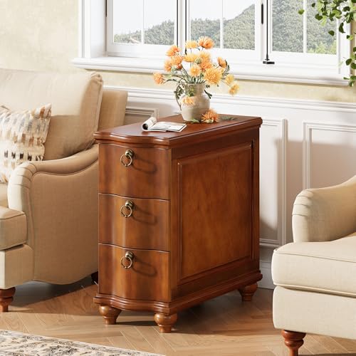 Tribesigns Wood Narrow End Table, Fully Assembled Walnut Nightstand | 3-Drawers Slim Side Table for Bedside, Small Spaces, Living Room, Bedroom, No Assembly Required